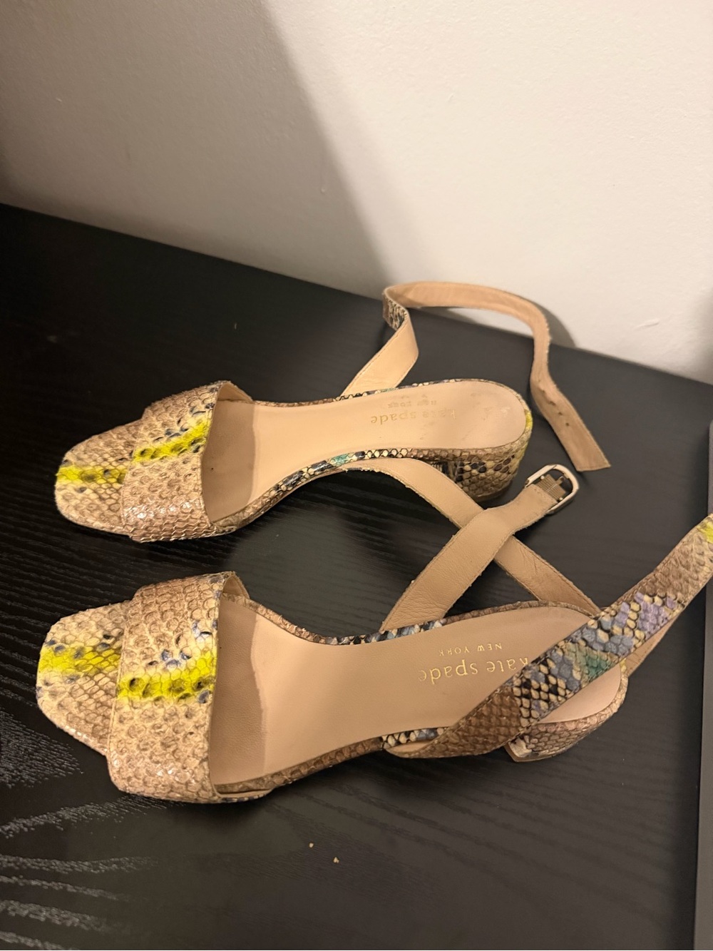 kate spade Multicolor Yellow-Accent Snake-Print Ankle Strap Heels